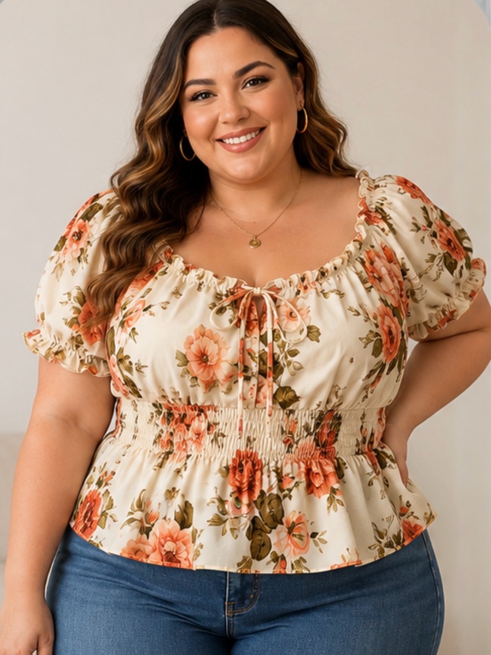 SHEIN Cream Floral Peplum Puff Sleeve Top - Orange Flowers